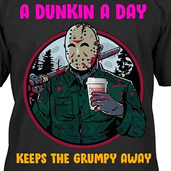 Jason Voorhees Dunkin T-Shirt Funny Coffee Halloween Horror Meme Tee 96 - Picture 2 of 5